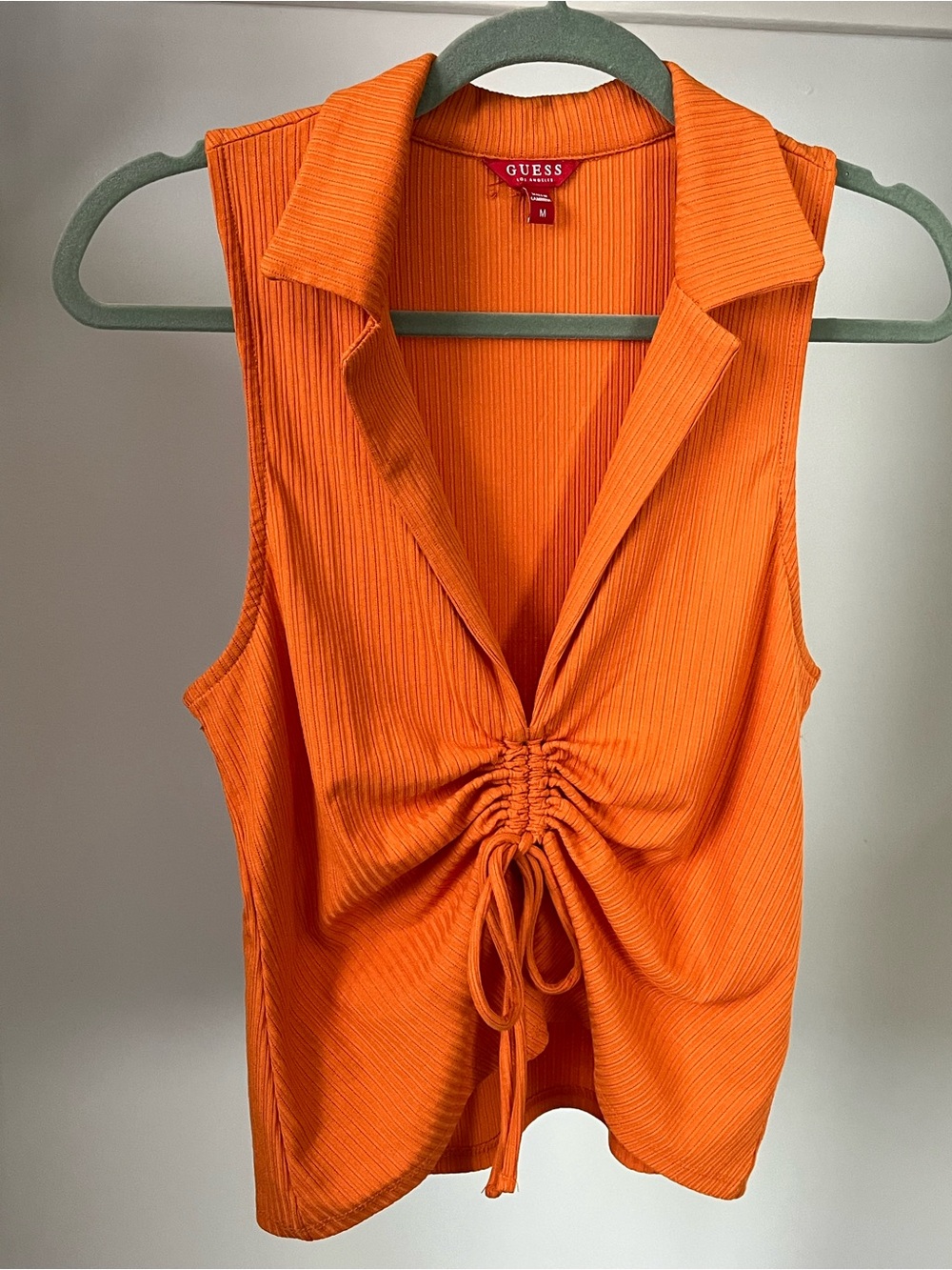 Y2K Western GUESS Orange Sleeveless Ruched V-Neck Collared Top Coastal Cowgirl - Picture 7 of 7